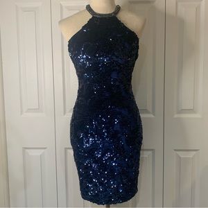 Morilee Madeline Gardner navy velvet sequin&beaded cocktail dress measures Sz2